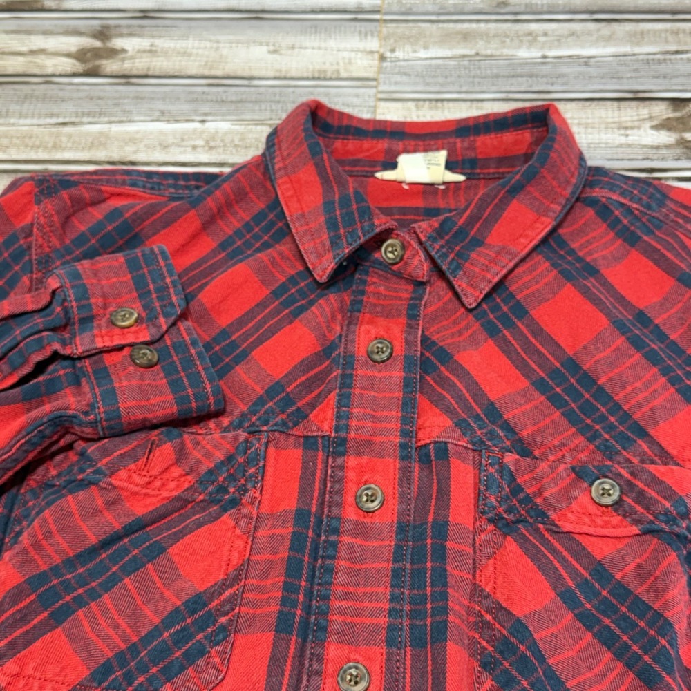 Duluth Trading Co Flannel Shirt Womens Large Red Plaid Button Up Long Sleeve